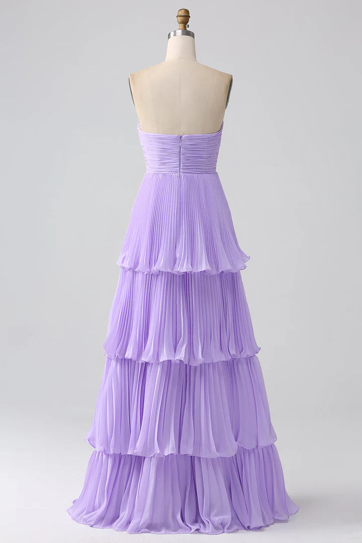 Vestido de fiesta largo multicapa sin tirantes con espalda abierta